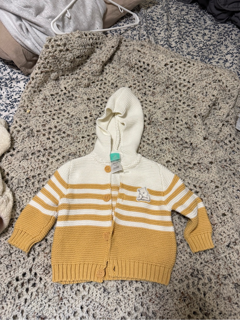 Winnie the Pooh Disney Hooded Knit Cardigan in Cream and Mustard Stripe 3-6m